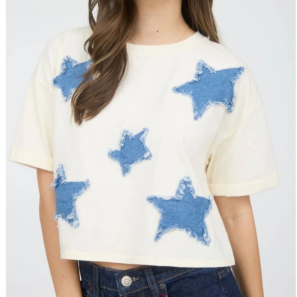 J.O.A. Cream Top with Denim Stars - Cropped Boxy Tee - Size Small